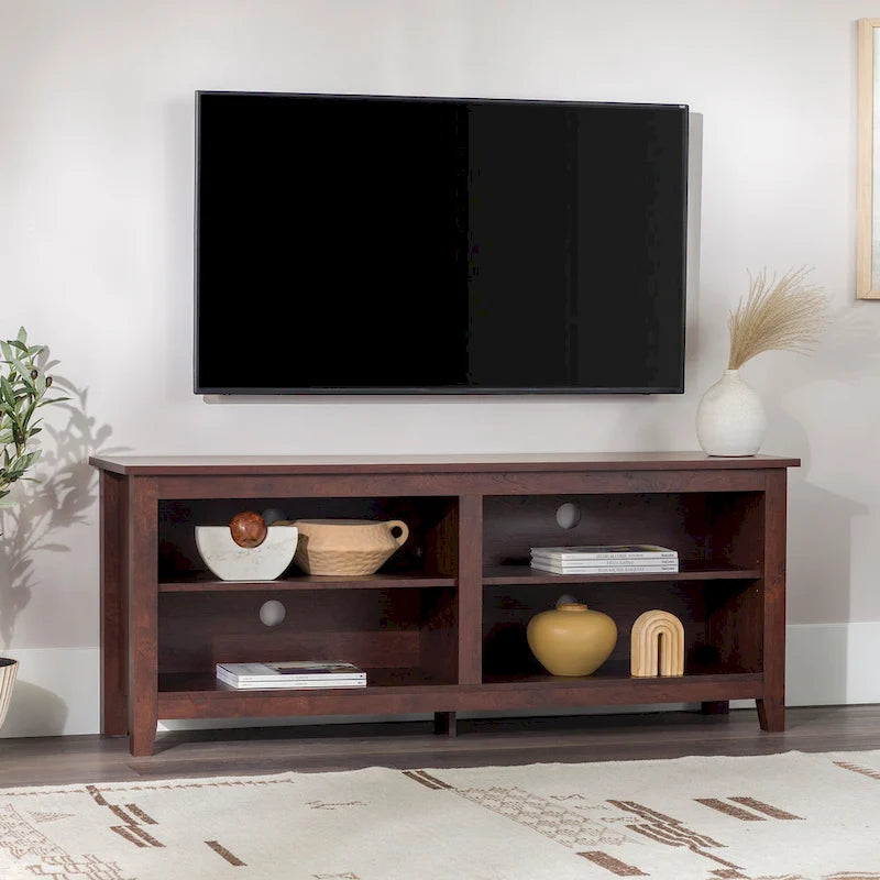 Meuble TV moderne de 58 po – Noyer foncé / Chêne blanc / Multicolore, étagère ouverte, pour 1 TV