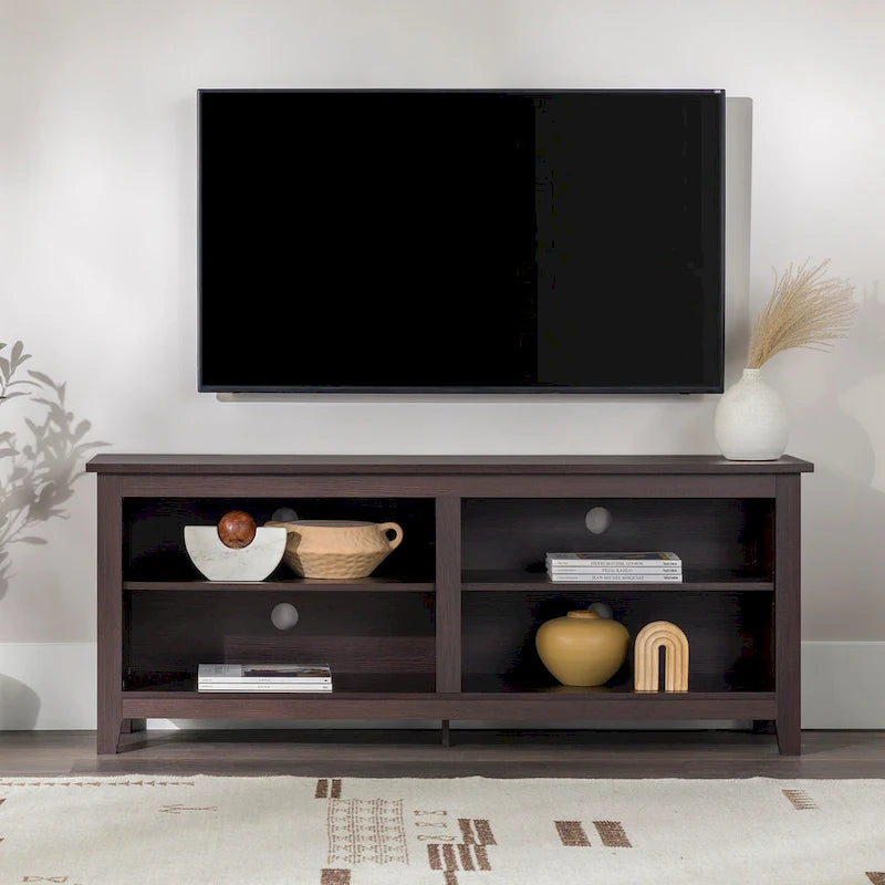 Meuble TV moderne de 58 po – Noyer foncé / Chêne blanc / Multicolore, étagère ouverte, pour 1 TV