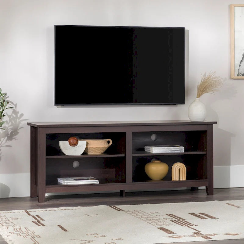 Meuble TV moderne de 58 po – Noyer foncé / Chêne blanc / Multicolore, étagère ouverte, pour 1 TV