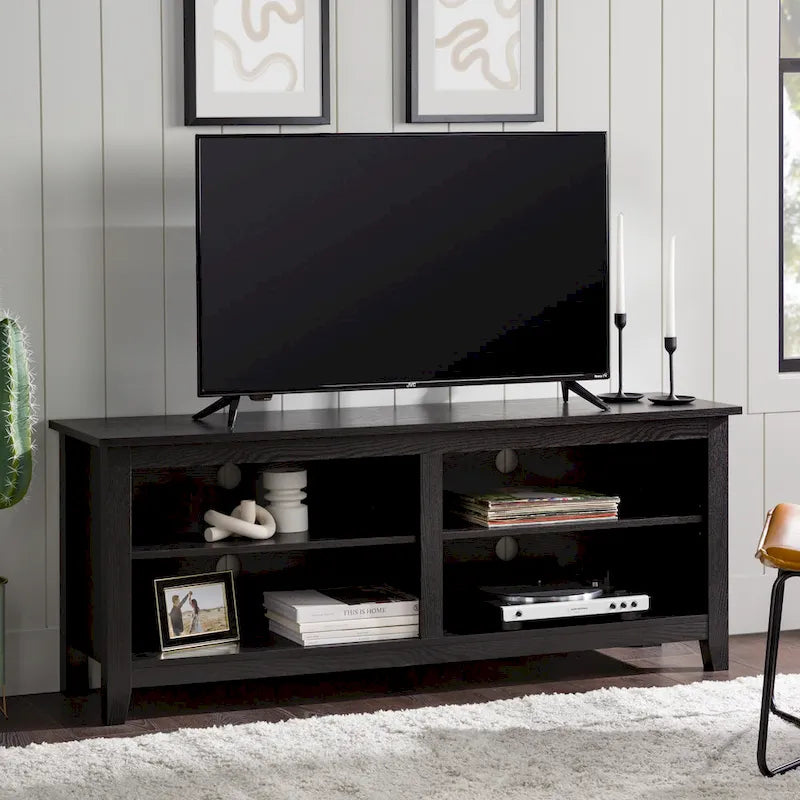 Meuble TV moderne de 58 po – Noyer foncé / Chêne blanc / Multicolore, étagère ouverte, pour 1 TV