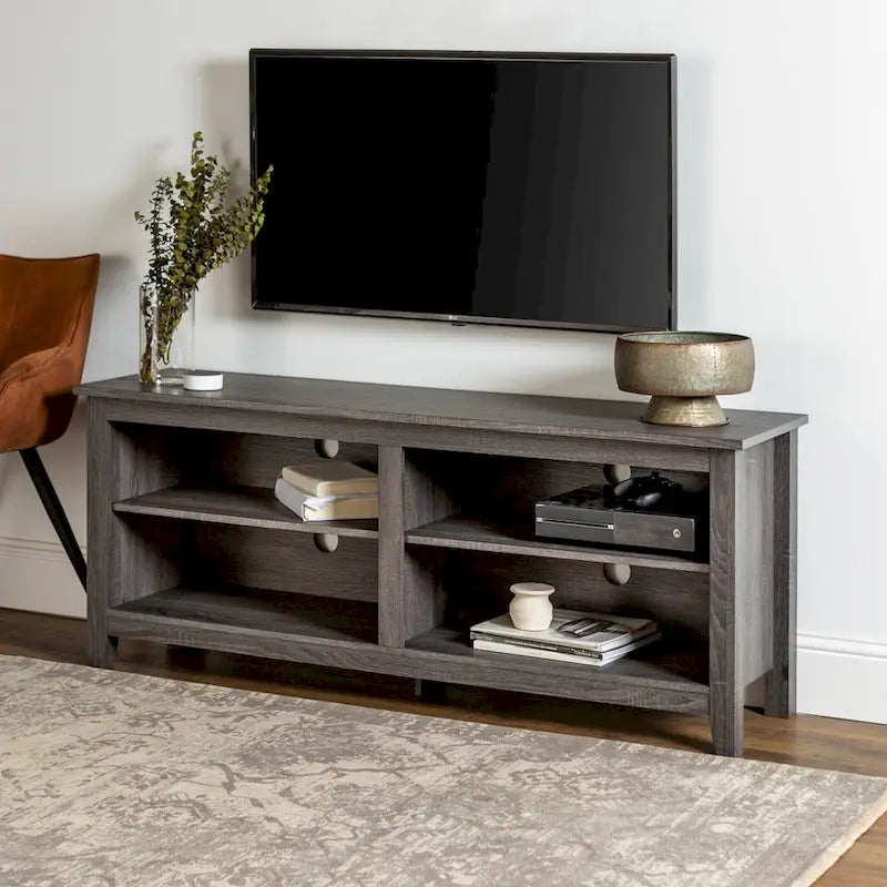 Meuble TV moderne de 58 po – Noyer foncé / Chêne blanc / Multicolore, étagère ouverte, pour 1 TV