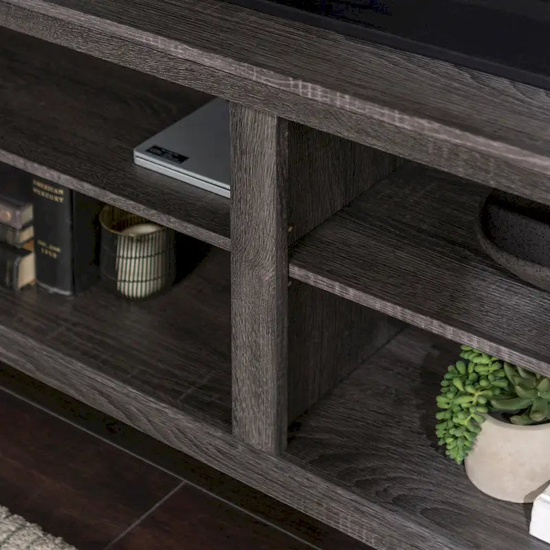 Meuble TV moderne de 58 po – Noyer foncé / Chêne blanc / Multicolore, étagère ouverte, pour 1 TV