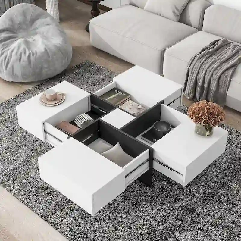 Table basse extensible blanche/noire/marron avec rangement dissimulé, pour 2 à 4 personnes