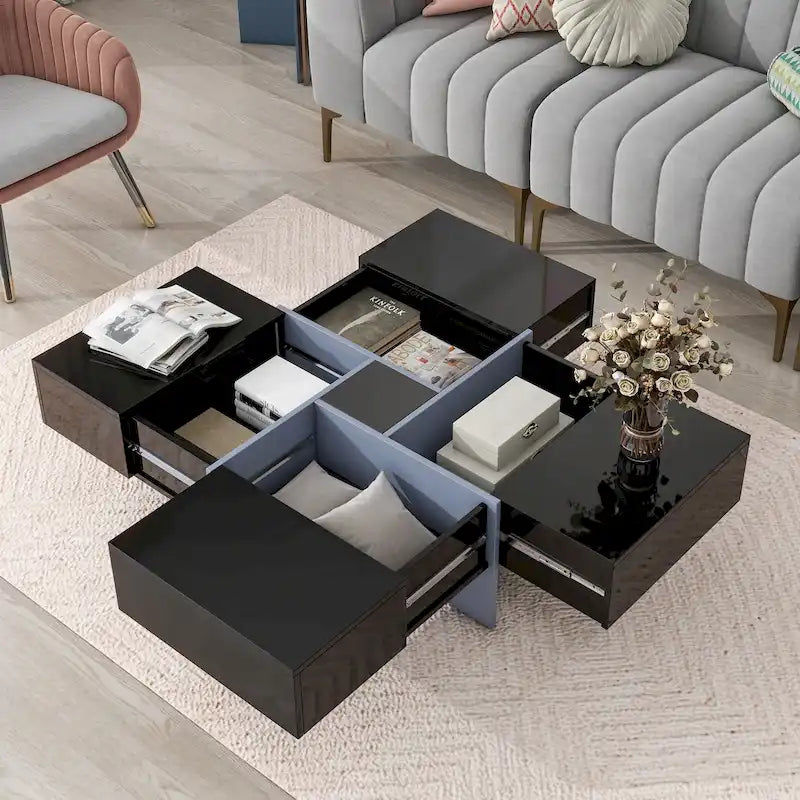 Table basse extensible blanche/noire/marron avec rangement dissimulé, pour 2 à 4 personnes