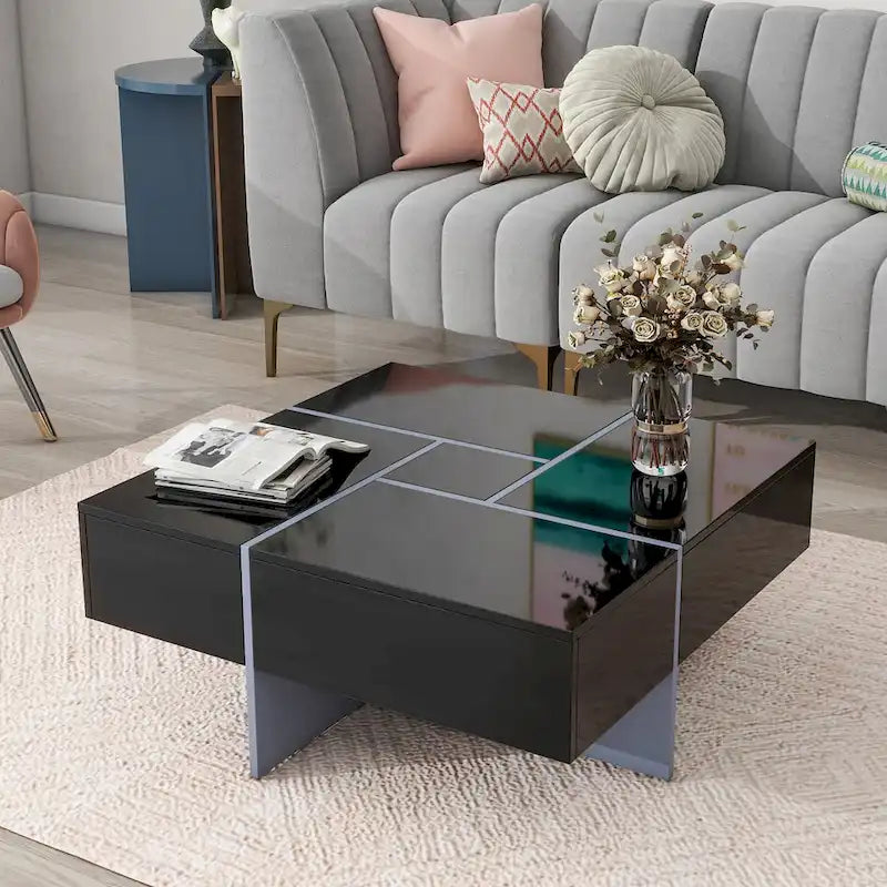 Table basse extensible blanche/noire/marron avec rangement dissimulé, pour 2 à 4 personnes