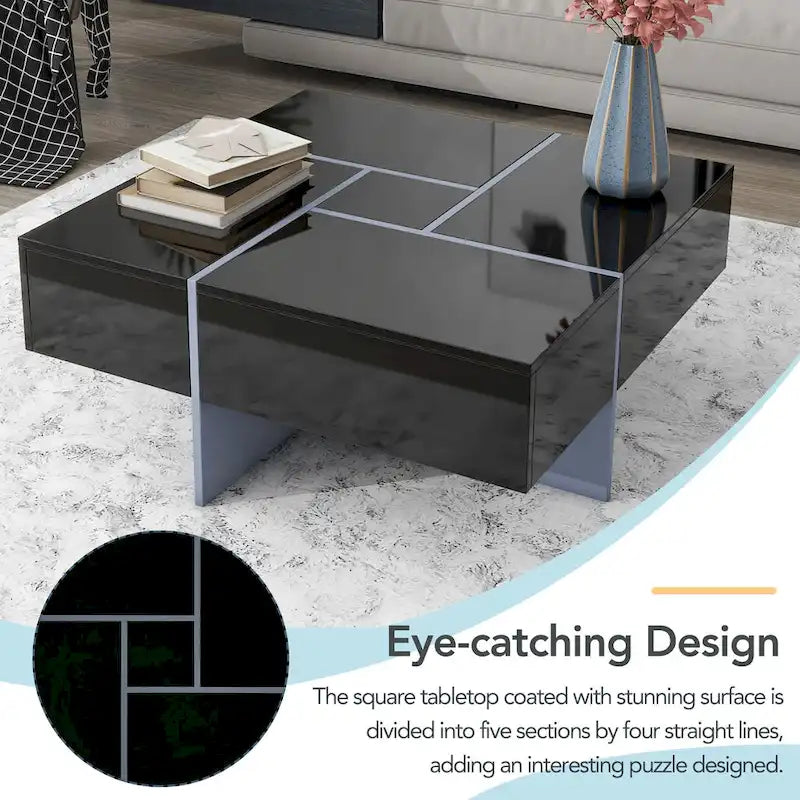 Table basse extensible blanche/noire/marron avec rangement dissimulé, pour 2 à 4 personnes