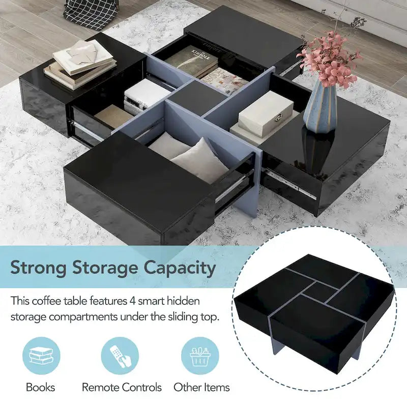 Table basse extensible blanche/noire/marron avec rangement dissimulé, pour 2 à 4 personnes