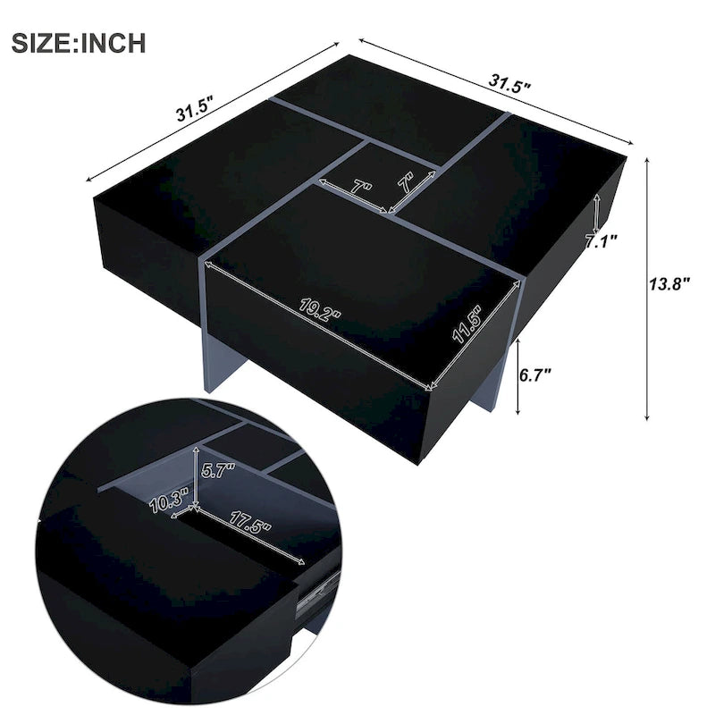 Table basse extensible blanche/noire/marron avec rangement dissimulé, pour 2 à 4 personnes
