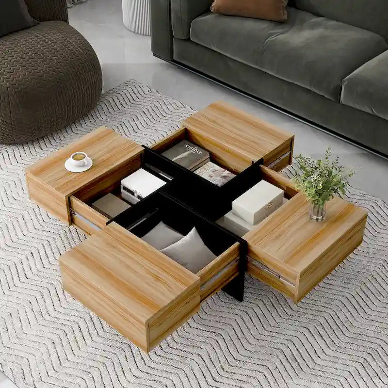 Table basse extensible blanche/noire/marron avec rangement dissimulé, pour 2 à 4 personnes