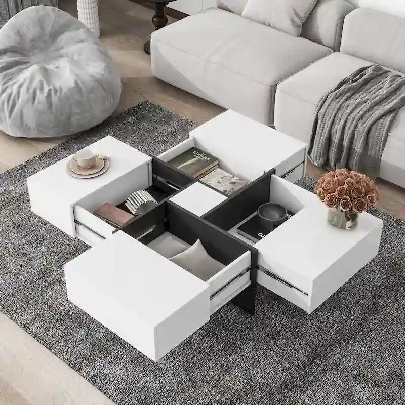 Table basse extensible blanche/noire/marron avec rangement dissimulé, pour 2 à 4 personnes