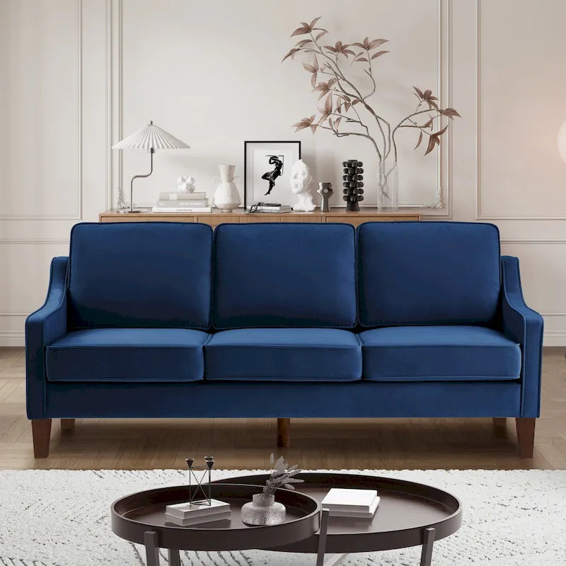 Canapé 3 places avec accoudoir incurvé et pieds en bois – Bleu marine / Noir / Taupe, Velours, 3 places