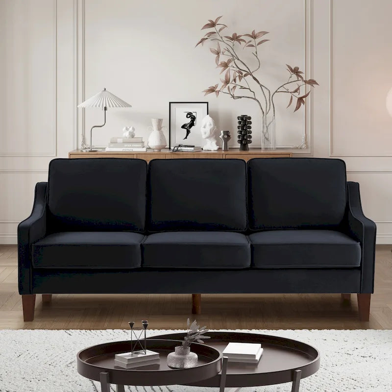 Canapé 3 places avec accoudoir incurvé et pieds en bois – Bleu marine / Noir / Taupe, Velours, 3 places