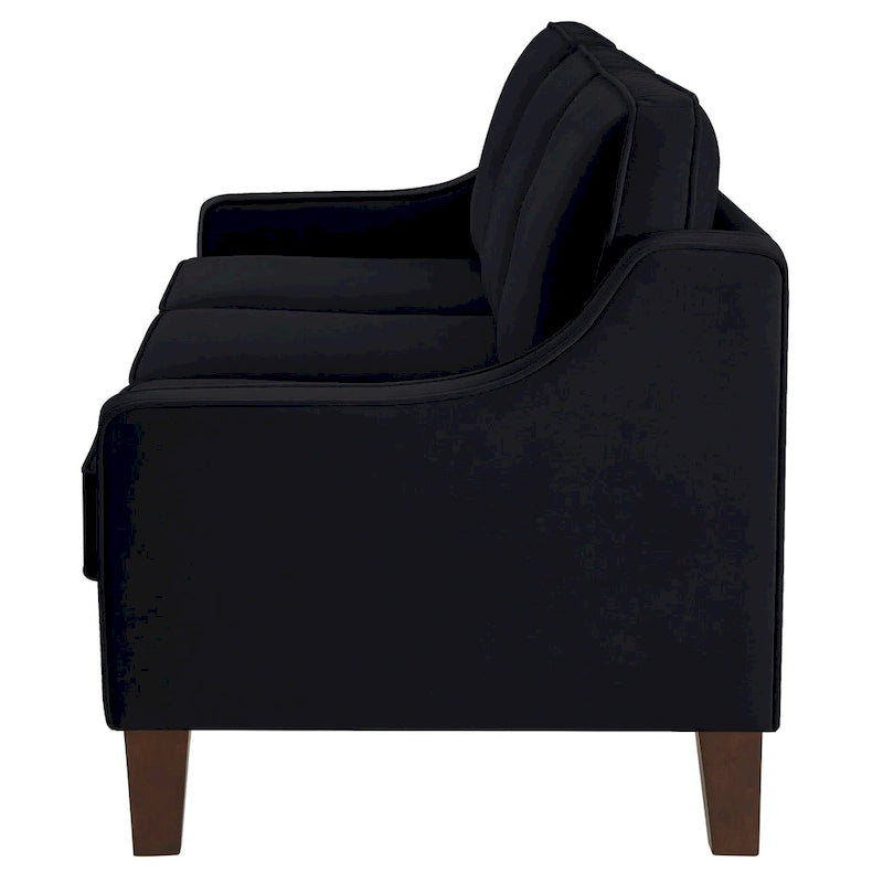 Canapé 3 places avec accoudoir incurvé et pieds en bois – Bleu marine / Noir / Taupe, Velours, 3 places