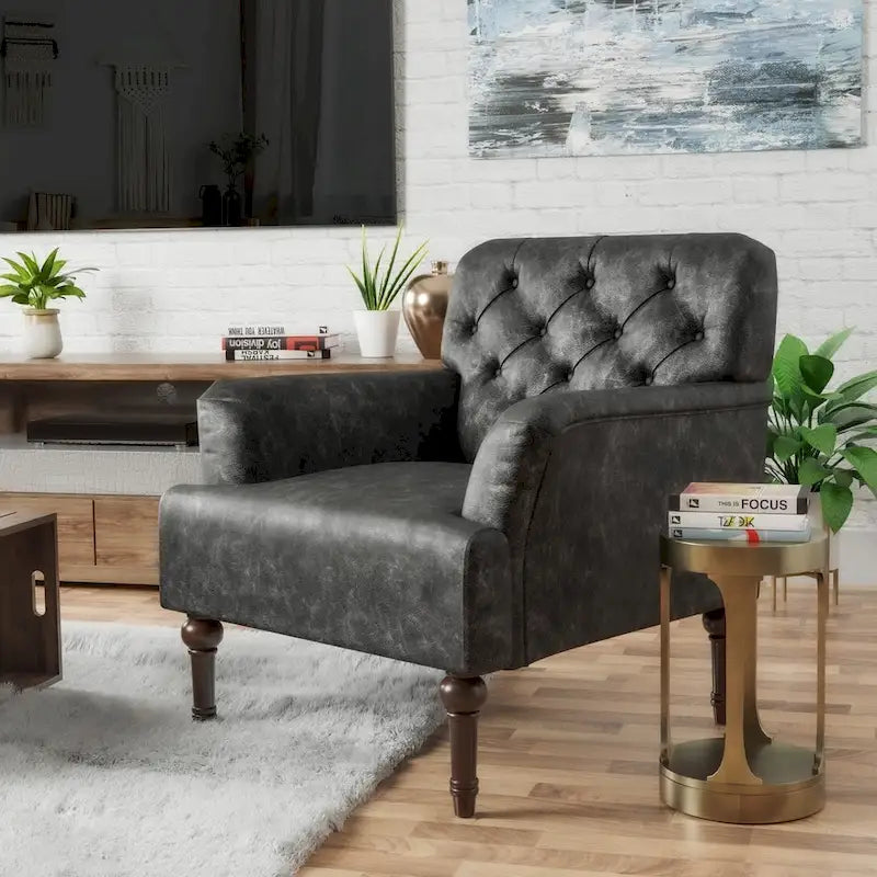 Fauteuil d'appoint capitonné transitionnel marron/gris, revêtement en vinyle, une place