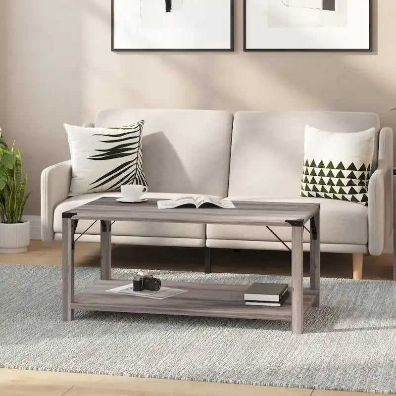 Table basse à 2 niveaux, Chêne rustique/Finition gris délavé/Gris Aspen, Style rustique, Utilisation par 1 personne
