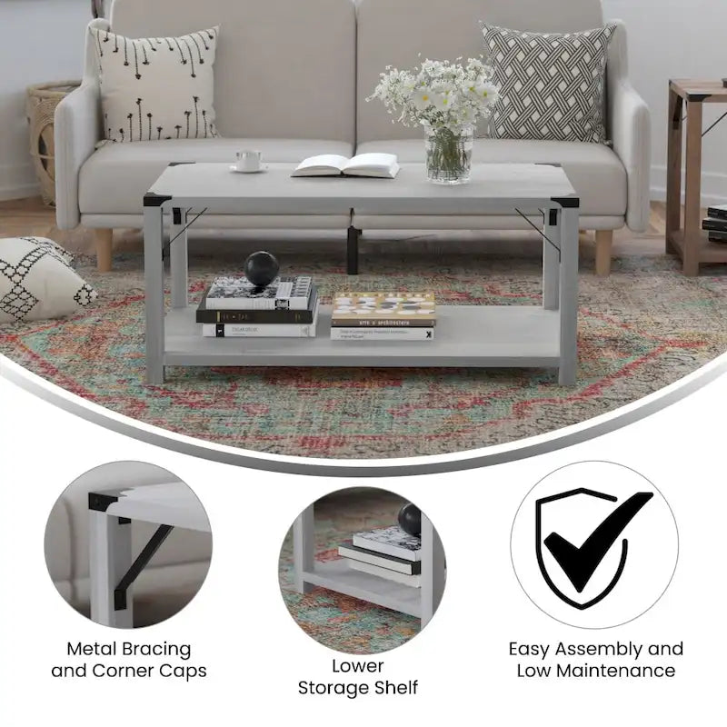 Table basse à 2 niveaux, Chêne rustique/Finition gris délavé/Gris Aspen, Style rustique, Utilisation par 1 personne
