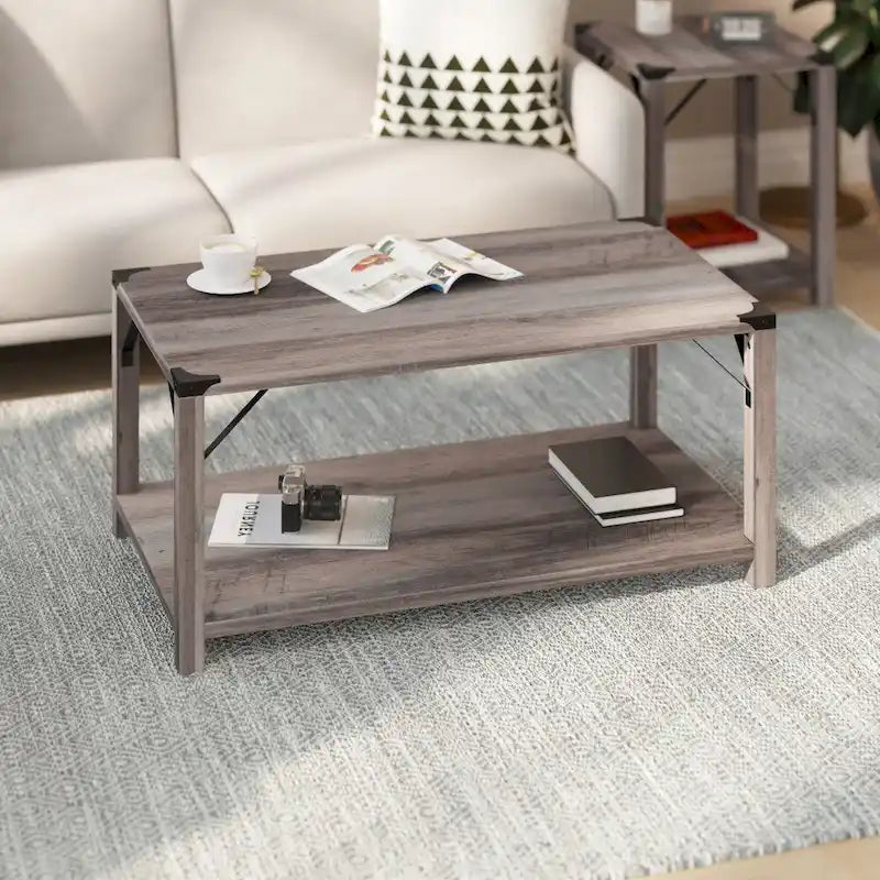 Table basse à 2 niveaux, Chêne rustique/Finition gris délavé/Gris Aspen, Style rustique, Utilisation par 1 personne