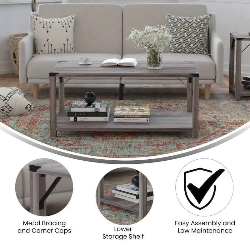Table basse à 2 niveaux, Chêne rustique/Finition gris délavé/Gris Aspen, Style rustique, Utilisation par 1 personne