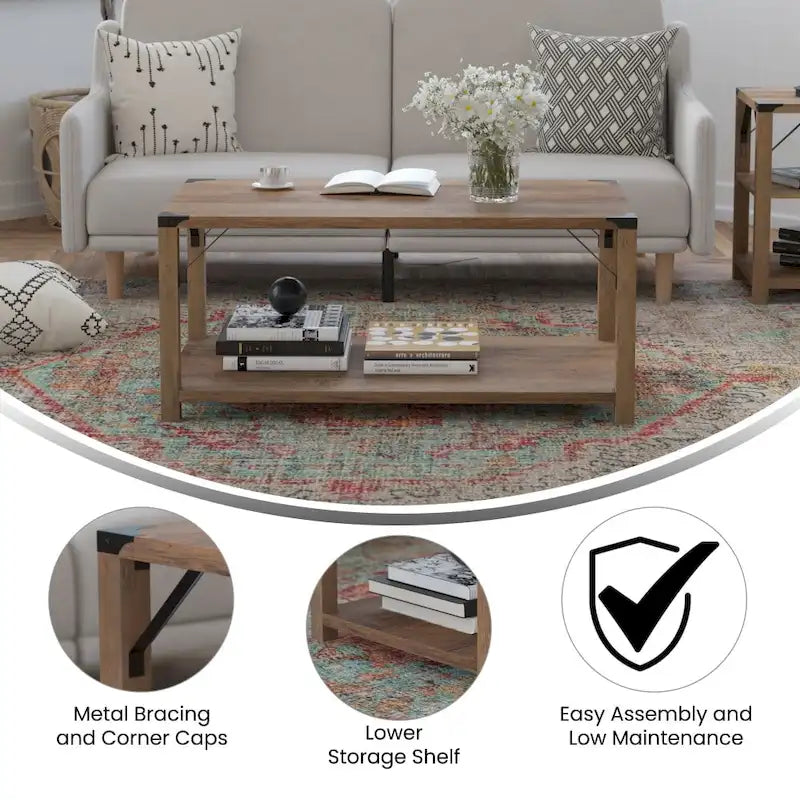Table basse à 2 niveaux, Chêne rustique/Finition gris délavé/Gris Aspen, Style rustique, Utilisation par 1 personne