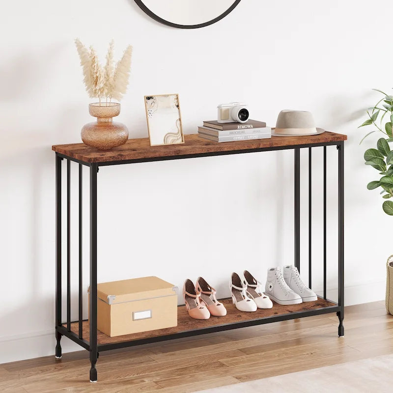 Table console à 2 niveaux, gris/marron/doré, style industriel rétro, 1 personne
