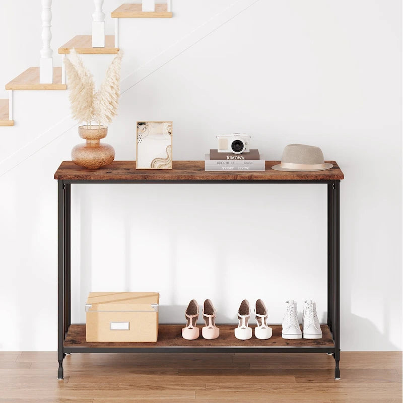 Table console à 2 niveaux, gris/marron/doré, style industriel rétro, 1 personne
