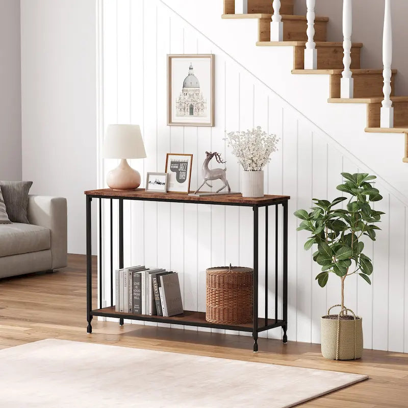 Table console à 2 niveaux, gris/marron/doré, style industriel rétro, 1 personne