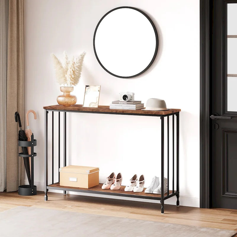 Table console à 2 niveaux, gris/marron/doré, style industriel rétro, 1 personne
