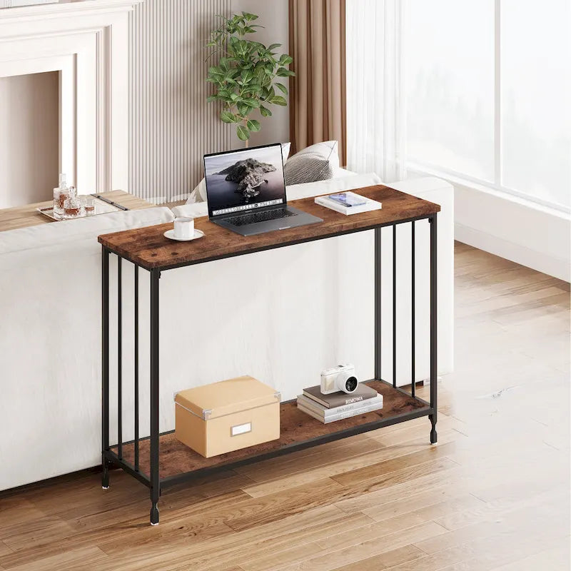 Table console à 2 niveaux, gris/marron/doré, style industriel rétro, 1 personne
