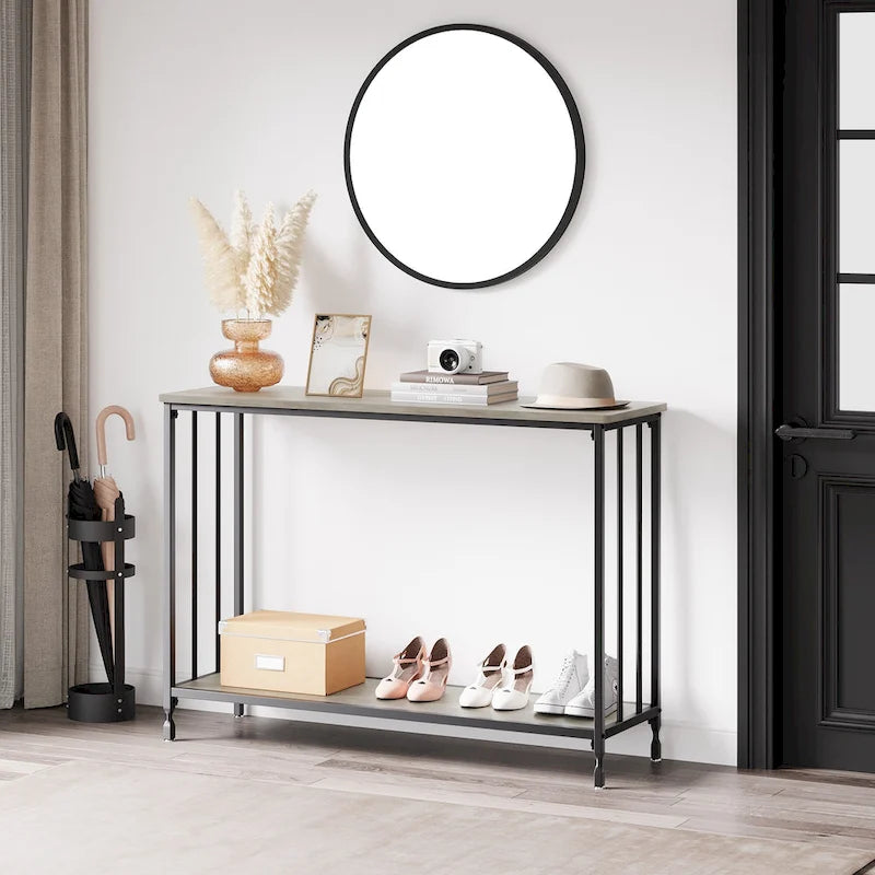 Table console à 2 niveaux, gris/marron/doré, style industriel rétro, 1 personne