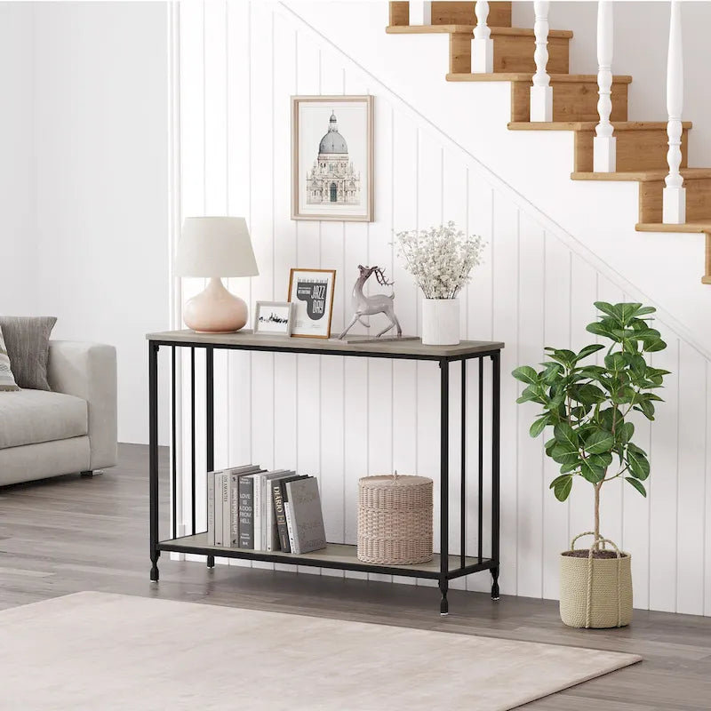 Table console à 2 niveaux, gris/marron/doré, style industriel rétro, 1 personne