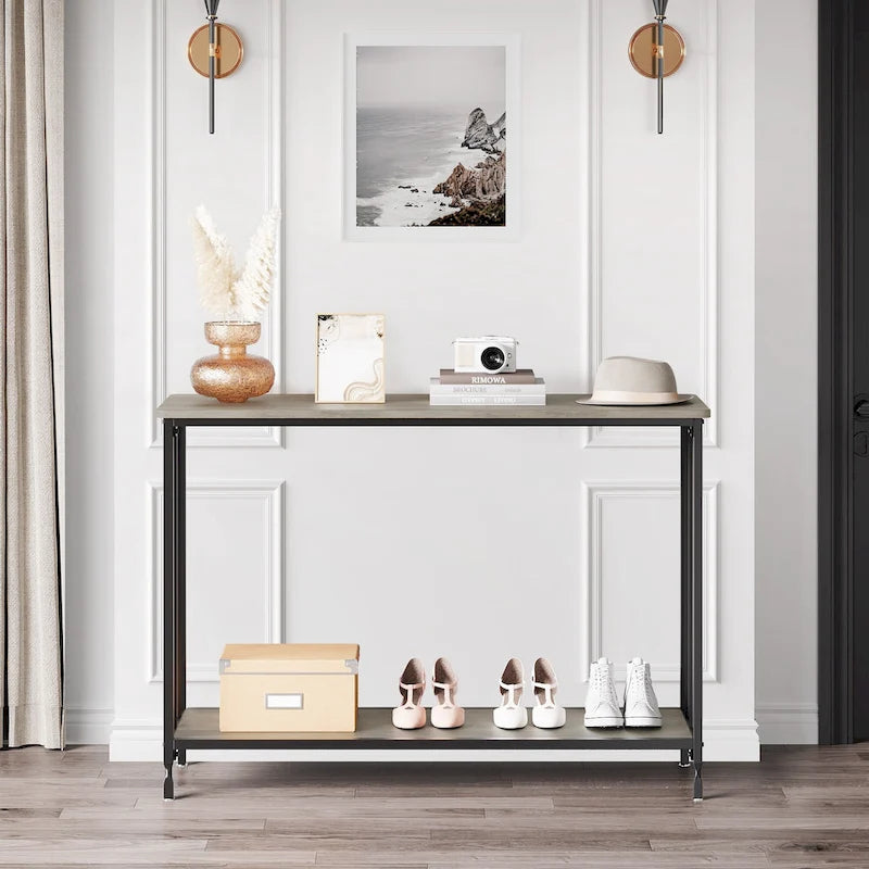 Table console à 2 niveaux, gris/marron/doré, style industriel rétro, 1 personne