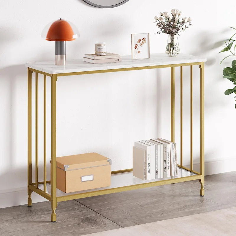 Table console à 2 niveaux, gris/marron/doré, style industriel rétro, 1 personne