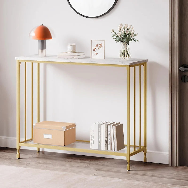 Table console à 2 niveaux, gris/marron/doré, style industriel rétro, 1 personne