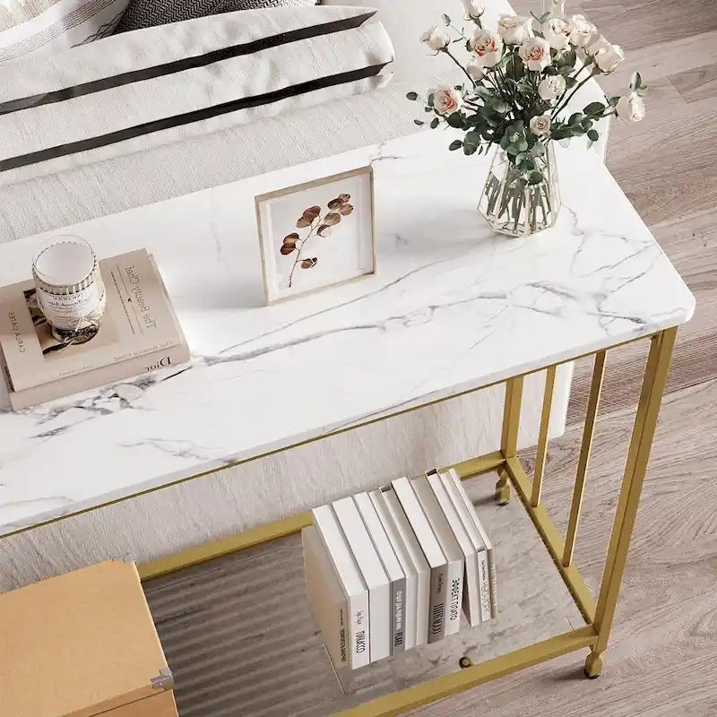 Table console à 2 niveaux, gris/marron/doré, style industriel rétro, 1 personne