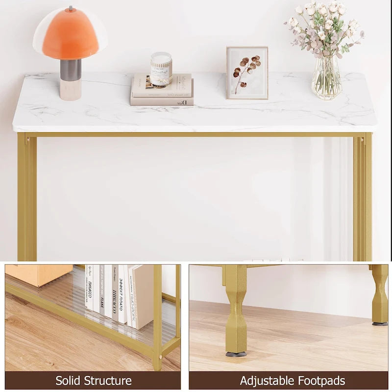 Table console à 2 niveaux, gris/marron/doré, style industriel rétro, 1 personne