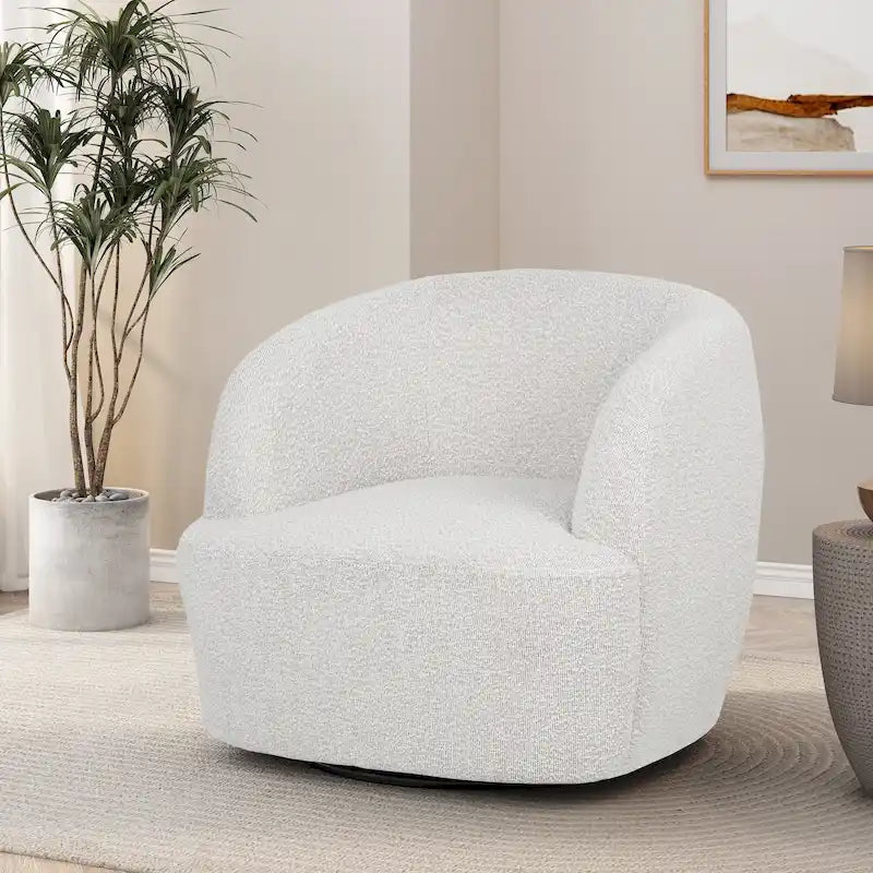 Fauteuil d'appoint pivotant rond en tissu bouclé blanc/beige/noir, une place