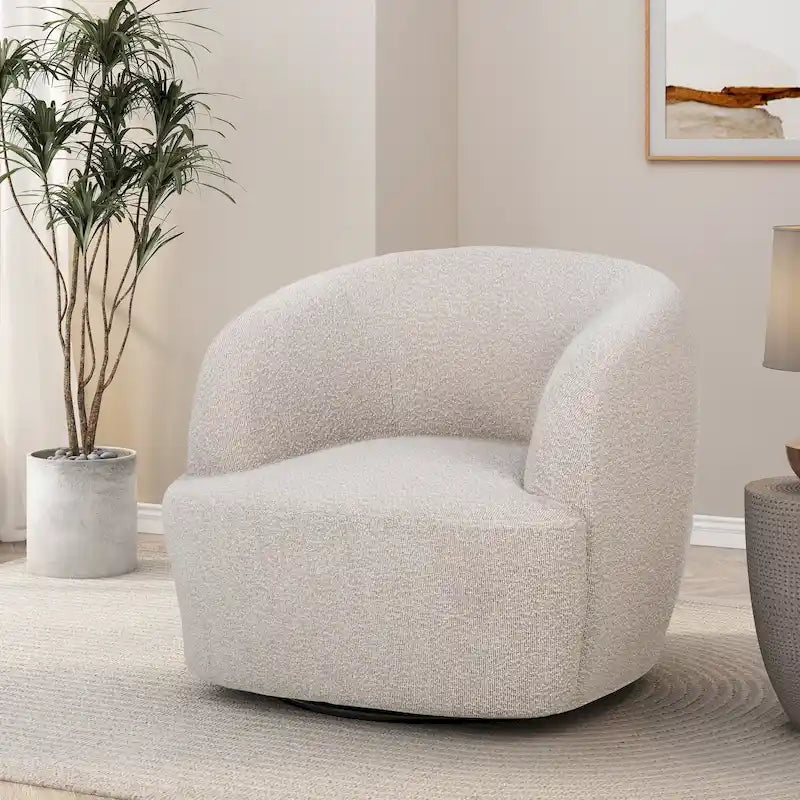 Fauteuil d'appoint pivotant rond en tissu bouclé blanc/beige/noir, une place