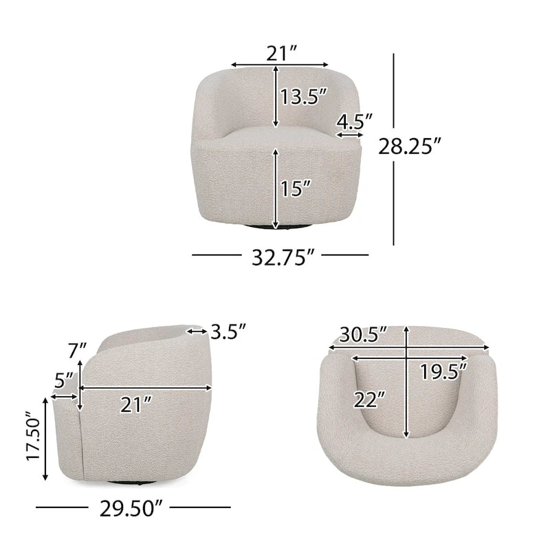 Fauteuil d'appoint pivotant rond en tissu bouclé blanc/beige/noir, une place