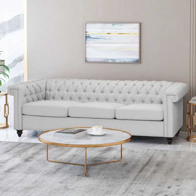 Canapé Chesterfield 3 places gris galet et marron foncé