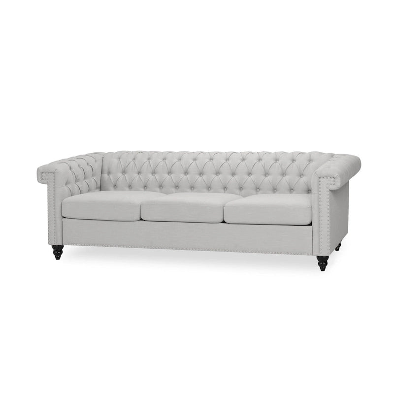 Canapé Chesterfield 3 places gris galet et marron foncé