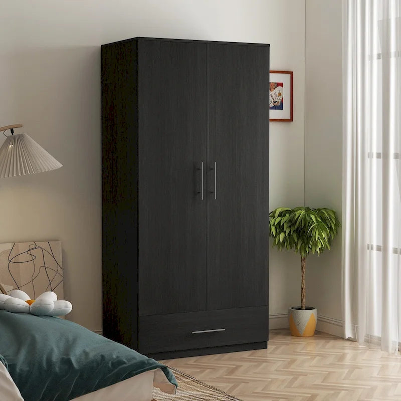 Armoire 2 portes avec tiroir et tringle à vêtements, coloris blanc et noir