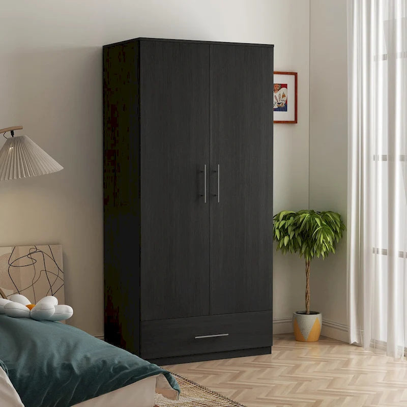 Armoire 2 portes avec tiroir et tringle à vêtements, coloris blanc et noir