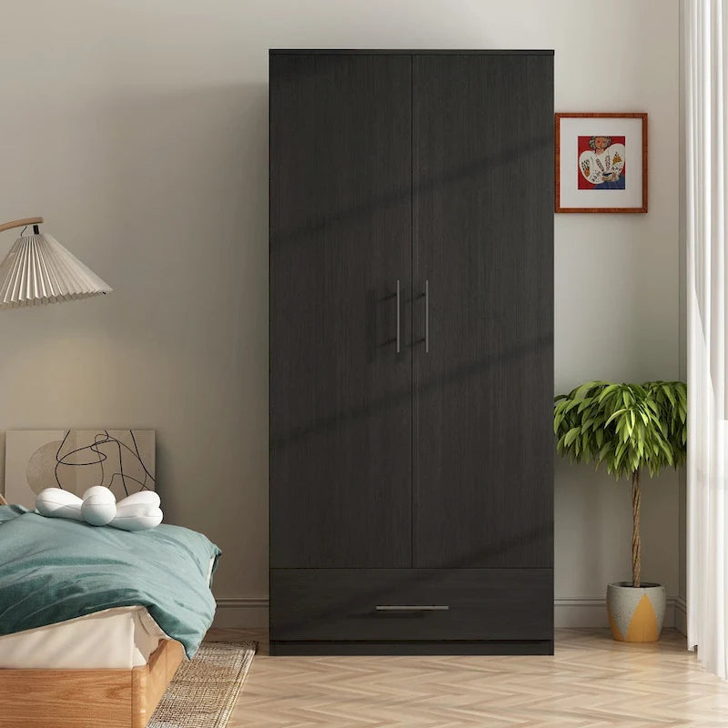 Armoire 2 portes avec tiroir et tringle à vêtements, coloris blanc et noir