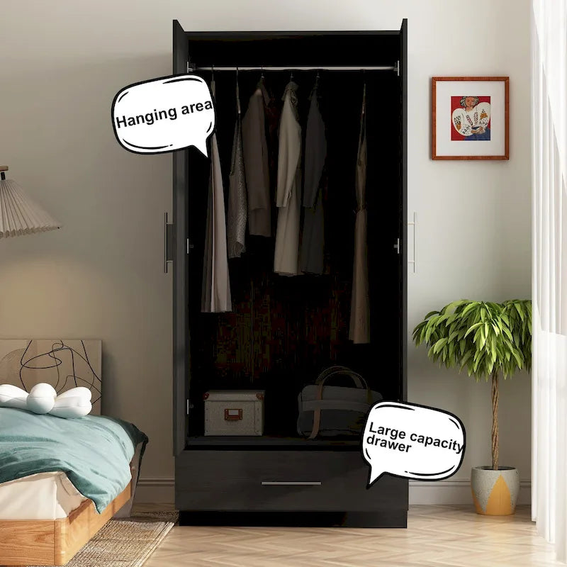 Armoire 2 portes avec tiroir et tringle à vêtements, coloris blanc et noir