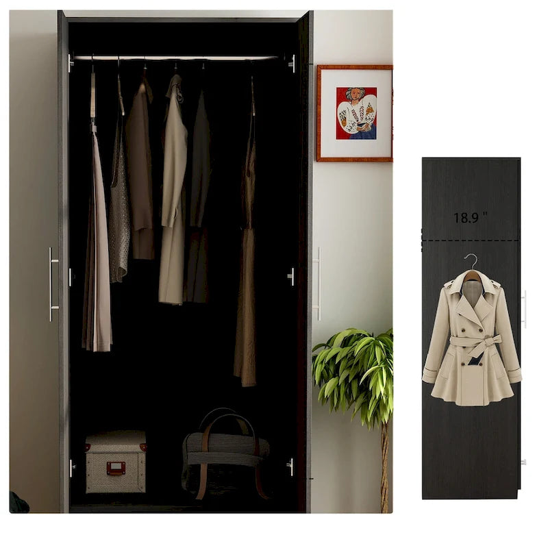 Armoire 2 portes avec tiroir et tringle à vêtements, coloris blanc et noir