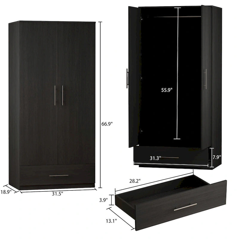 Armoire 2 portes avec tiroir et tringle à vêtements, coloris blanc et noir