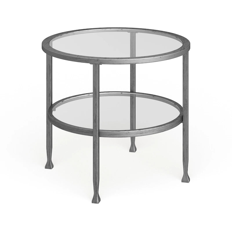 Table d'appoint ronde argentée avec étagère, plateau en verre, 1 personne