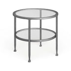 Table d'appoint ronde argentée avec étagère, plateau en verre, 1 personne