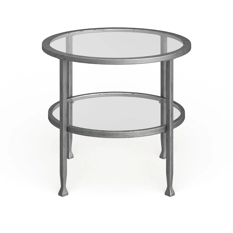 Table d'appoint ronde argentée avec étagère, plateau en verre, 1 personne