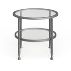 Table d'appoint ronde argentée avec étagère, plateau en verre, 1 personne